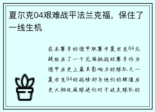 夏尔克04艰难战平法兰克福，保住了一线生机